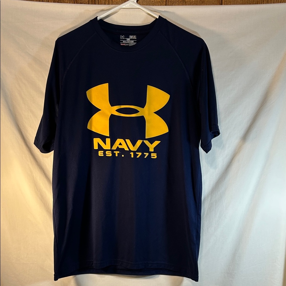 Under Armour Men's Dark Blue Tee with Yellow Logo